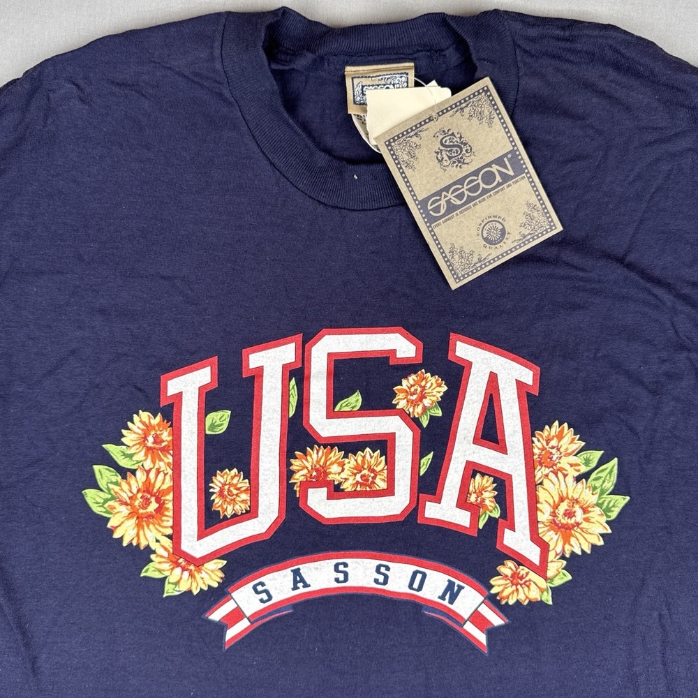 Vintage 90s USA Floral Spell Out T Shirt Sasson NWT Single Stitch USA Made L